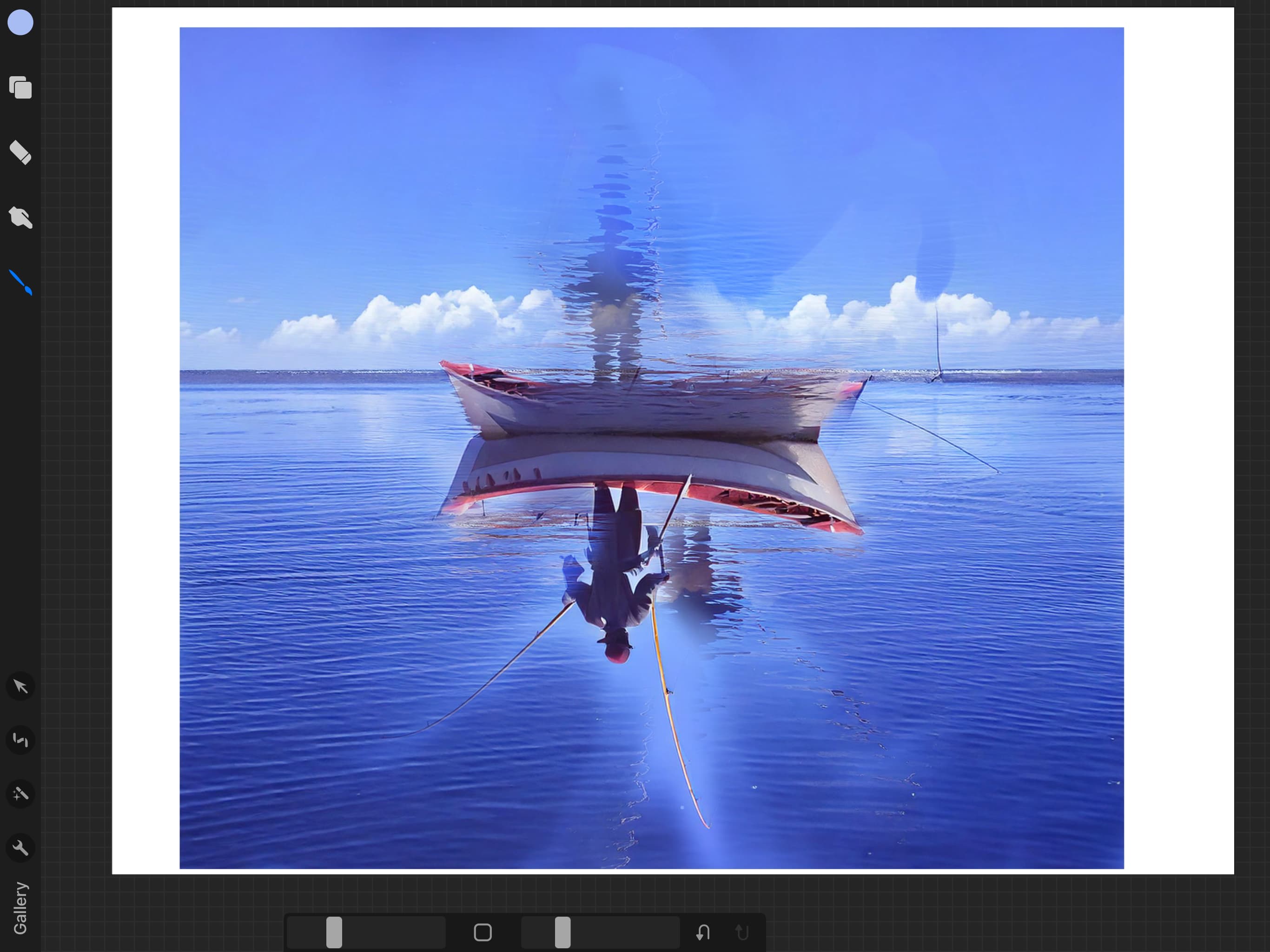 Early-stage composite with inverted boat and figure
