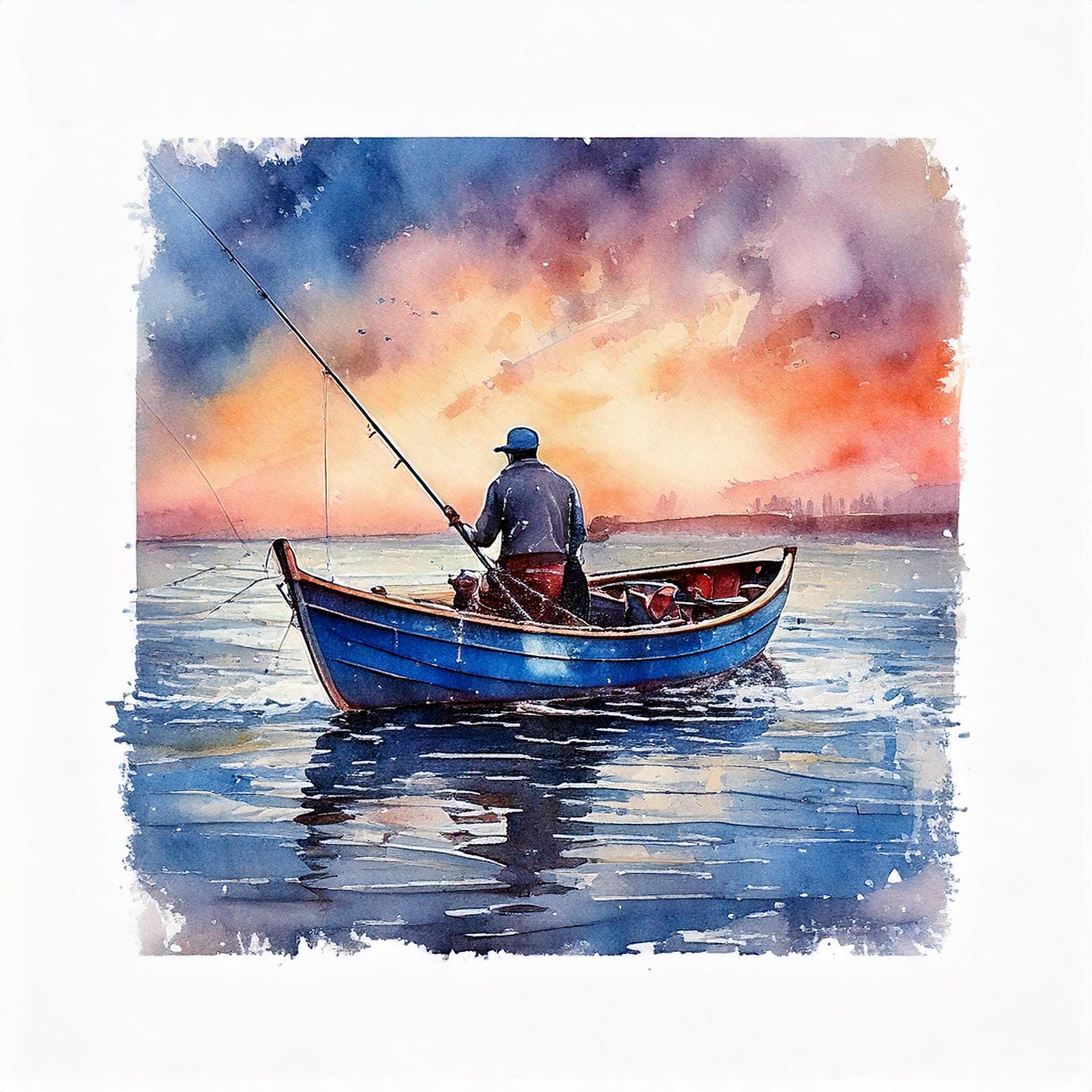 AI-generated watercolor-style reference of fisherman in a boat at sunset