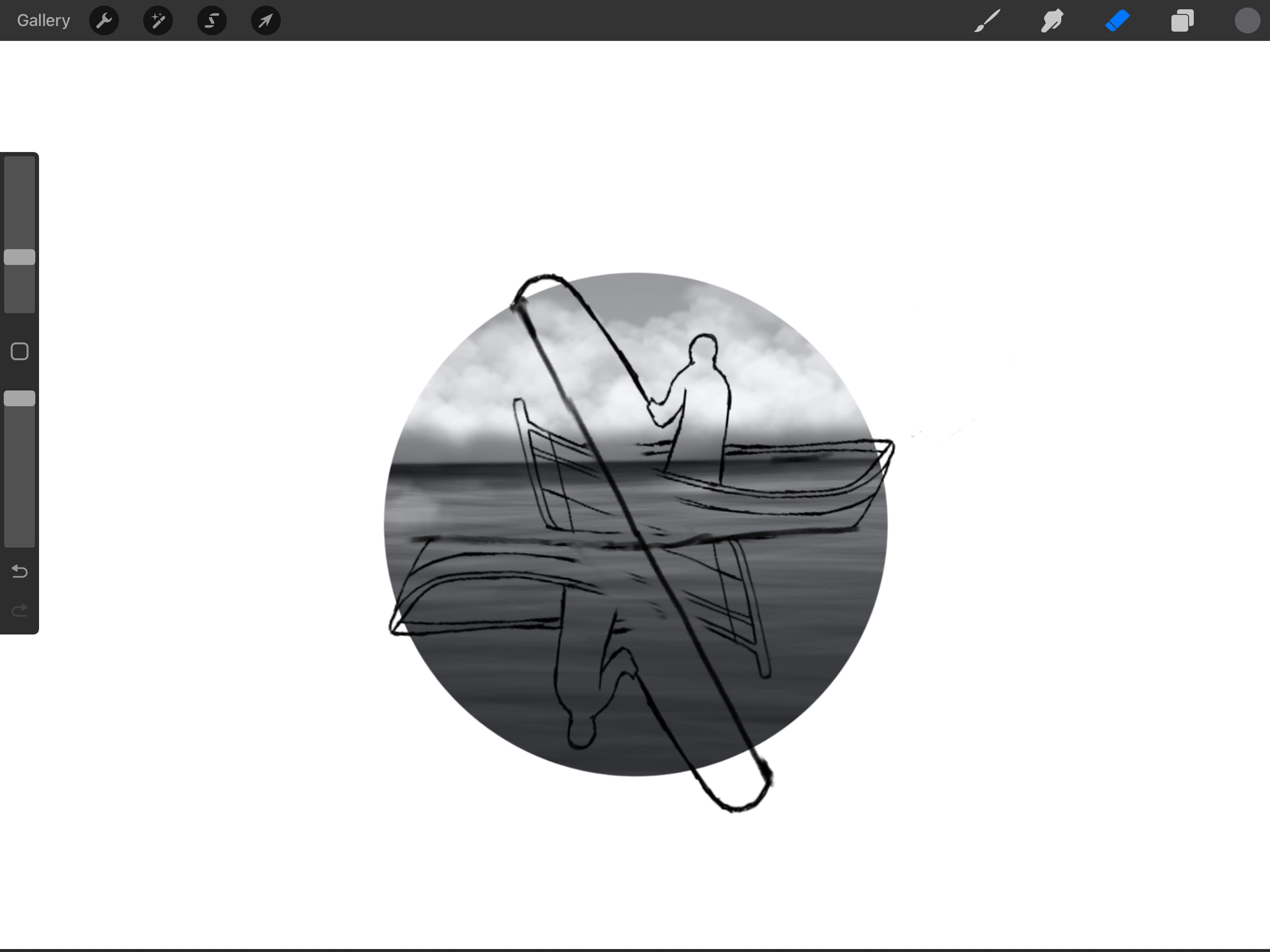 Early digital sketch compositing figure and boat over ocean reference