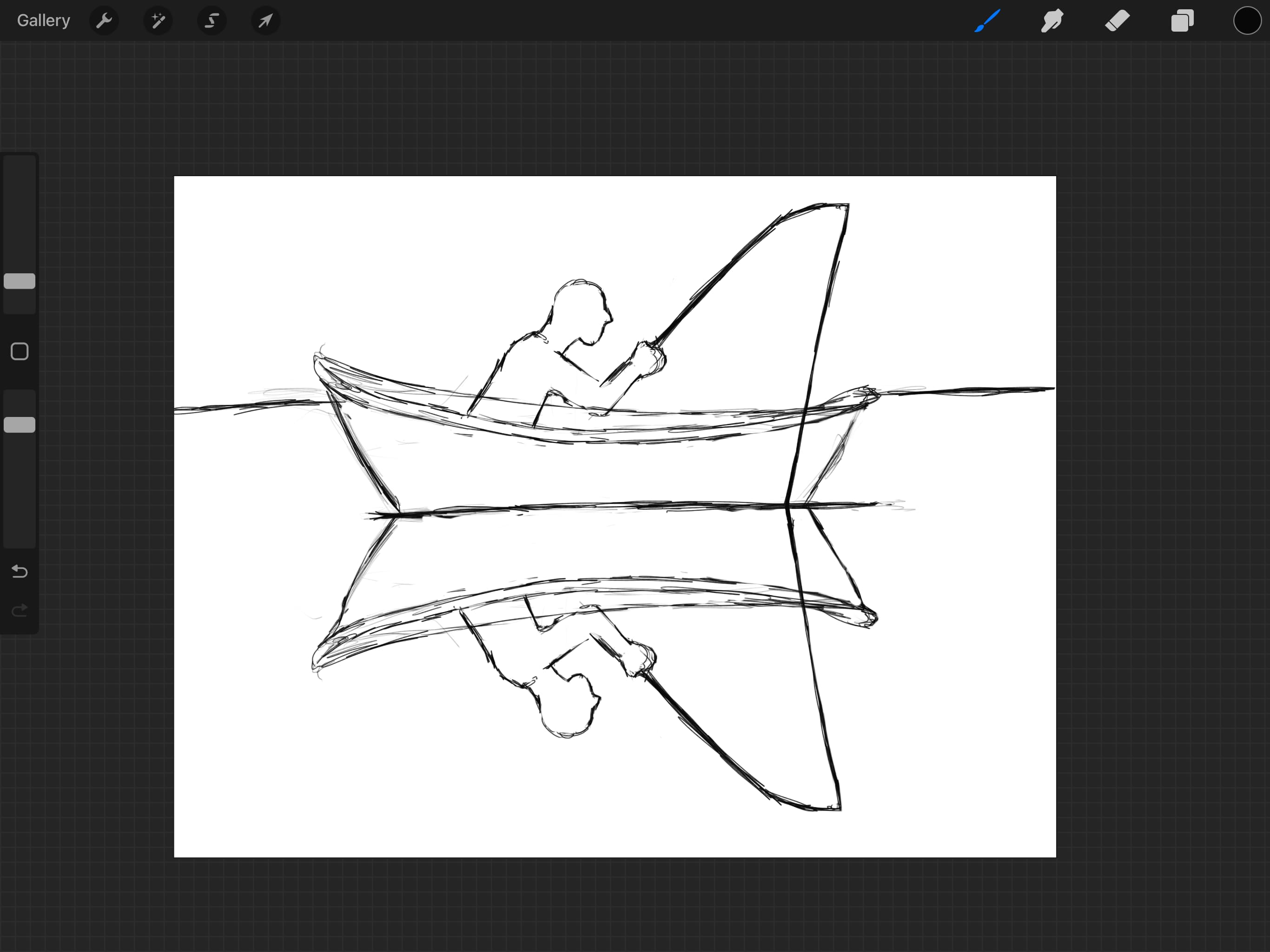 Refined sketch of fisherman with mirror reflection below waterline